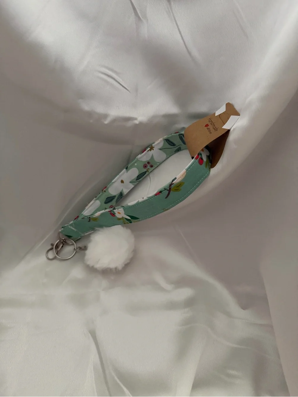 Handmade Green and White Floral Wristlet Keychain with White Pompom